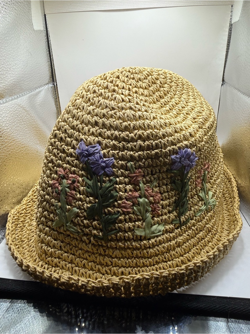 Embroidered Straw Bucket Hat with Purple Flower Accents